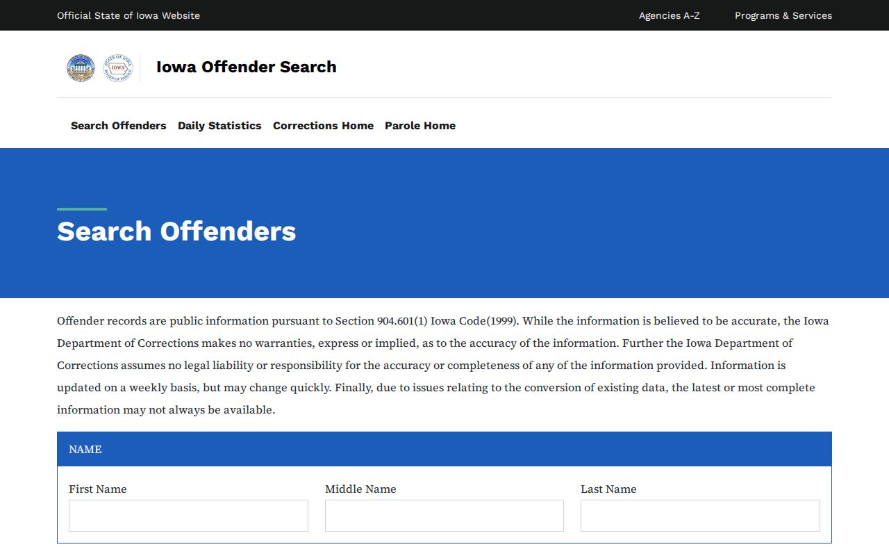 Official Iowa Department of Corrections offender search interface