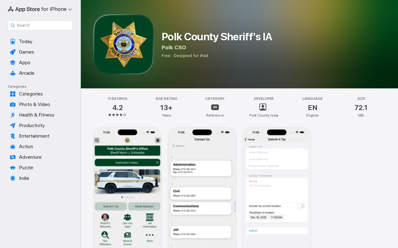 Polk County Sheriff's IA app listing for mobile jail and arrest information