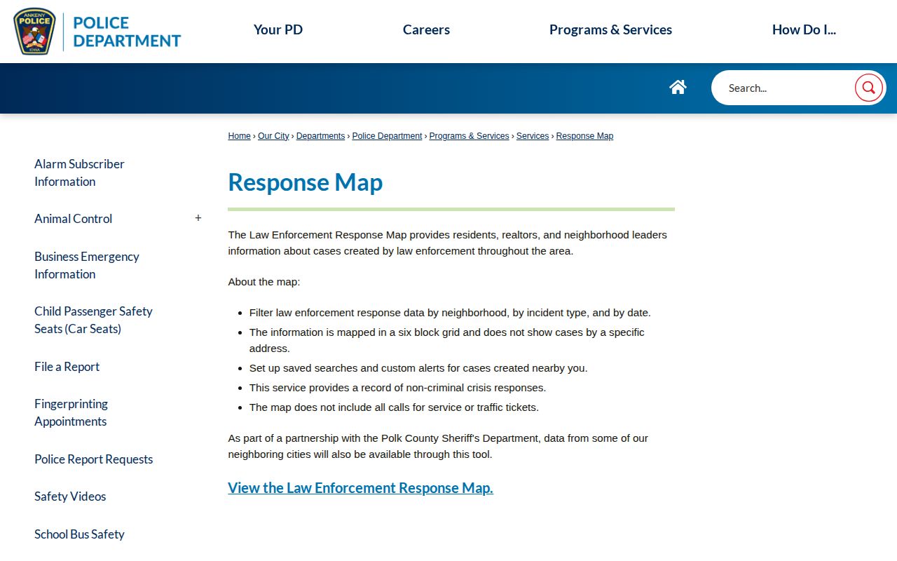 Ankeny Police Response Map interface with incident filters